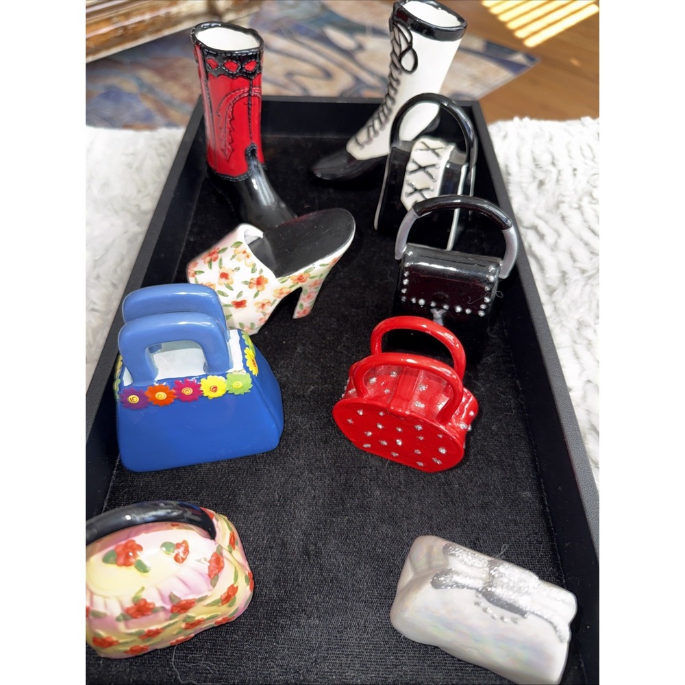 Ceramic minature boots Shoe and Six handbags. Miniature. Collectibles. 5139